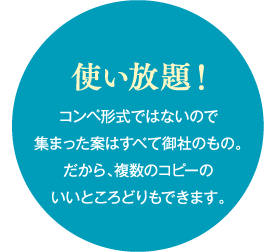 使い放題！コンペ形式ではないので集まった案はすべて御社のもの。だから、複数のコピーのいいところどりもできます。