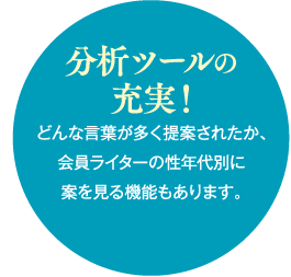 分析ツールの充実！どんな言葉が多く提案されたか、会員ライターの性年代別に案を見る機能もあります。